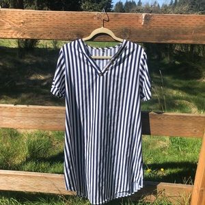 Shein | M/L | Navy White Nautical Stripe Brown Button Mini Tunic Shift Dress EUC